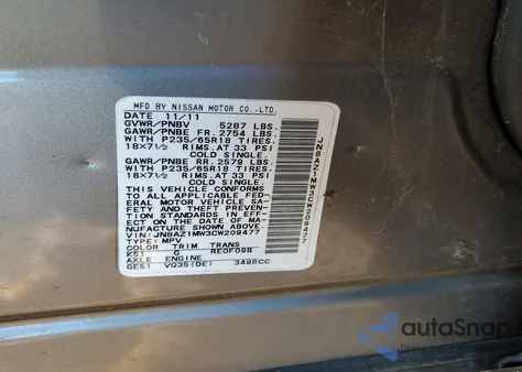 2012 Nissan Murano S z USA, uszkodzony, nr VIN JN8AZ1MW3CW209477